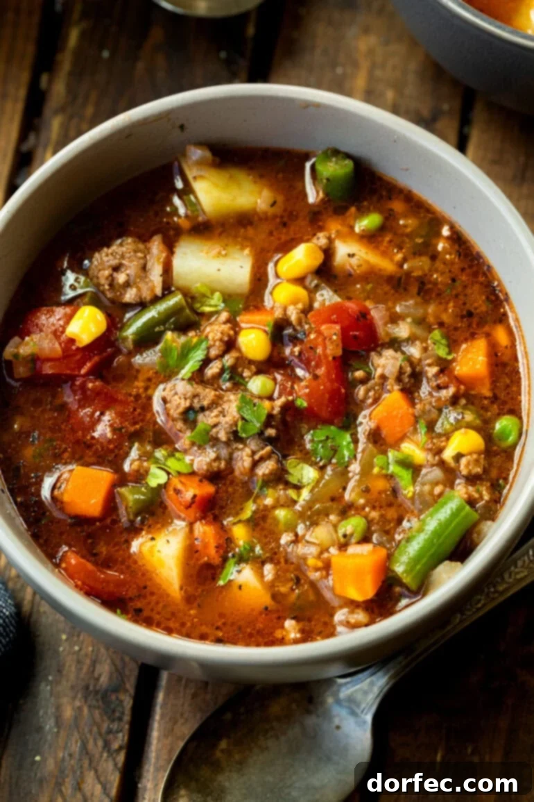 Simple & Satisfying Ground Beef Vegetable Soup 7 A comforting bowl of savory ground beef and vegetable soup, ready to be enjoyed as a hearty meal.