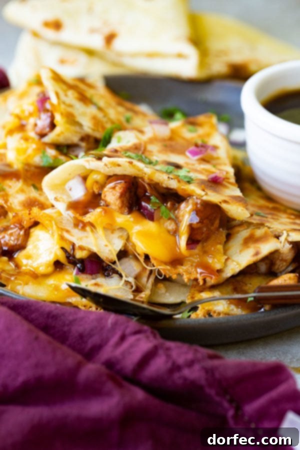 Teriyaki Chicken Quesadilla A photo of a slice of teriyaki chicken quesadilla garnished with minced red onion and chopped fresh cilantro.