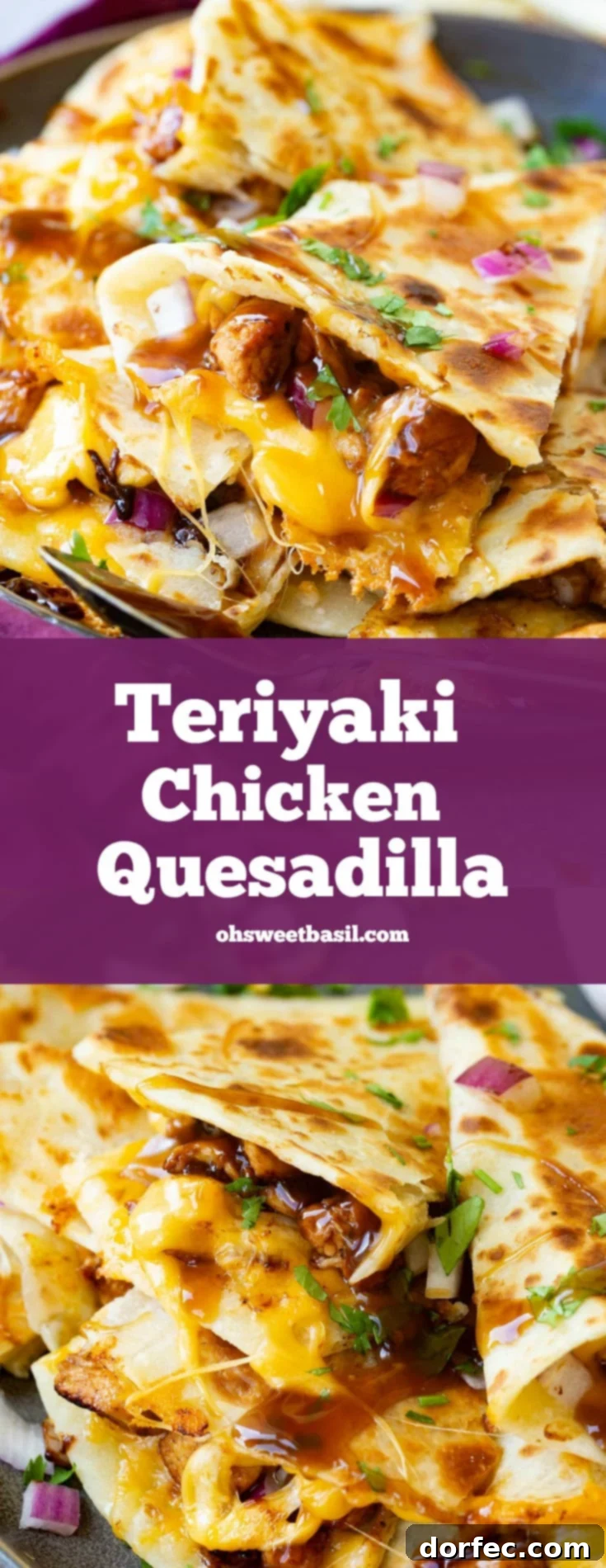 Savory Teriyaki Chicken Quesadilla 3 A photo of a slice of teriyaki chicken quesadilla garnished with minced red onion and chopped fresh cilantro.