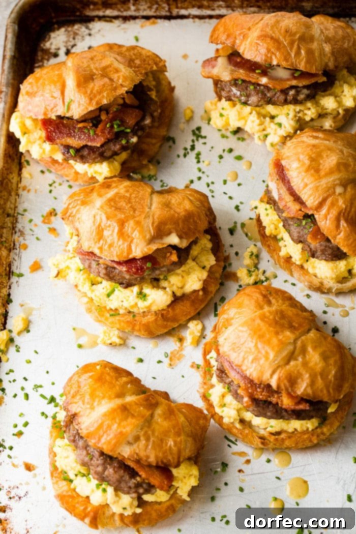 A photo of a sheet pan full of golden breakfast croissant sandwiches, brimming with fluffy eggs, savory sausage patties, and crisp bacon strips, ready to be enjoyed.