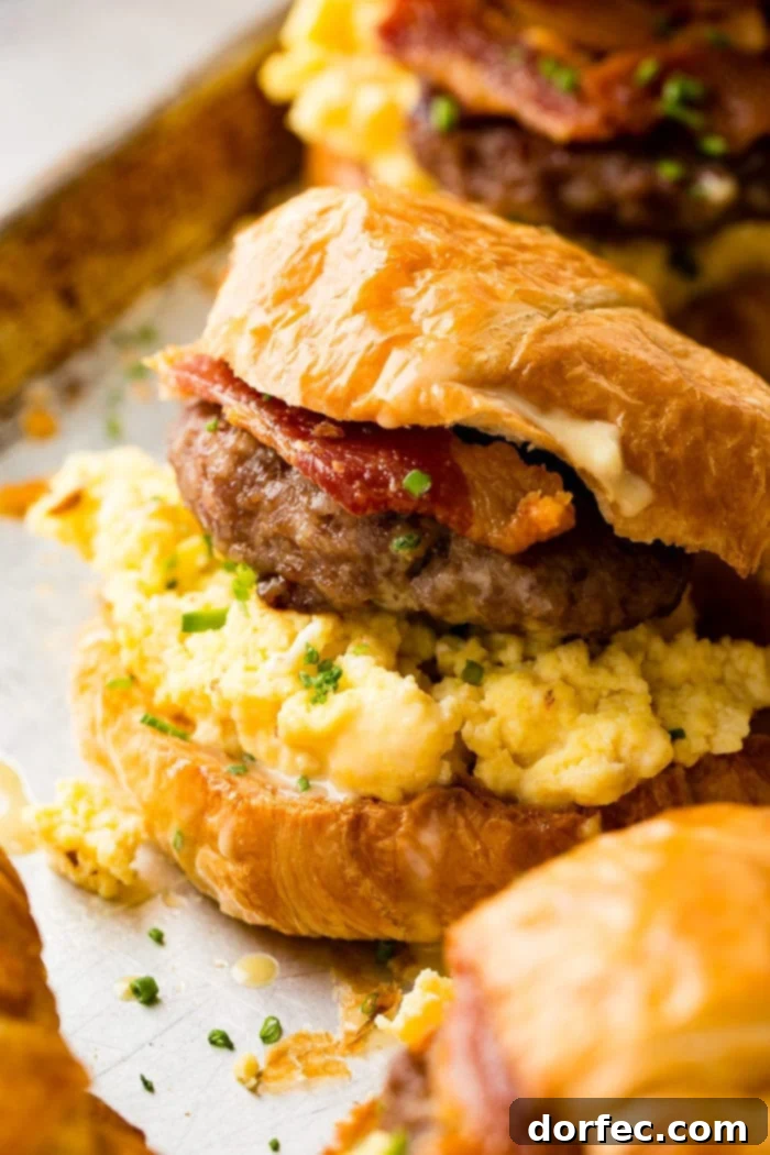 A delectable breakfast sandwich crafted on a flaky croissant, filled with perfectly scrambled eggs, a savory sausage patty, and crisp bacon, garnished with vibrant chopped chives for a fresh touch.