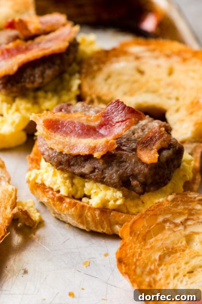 A photo of halved toasted croissants, with one half piled high with perfectly scrambed eggs, a savory sausage patty, and crisp bacon strips, creating a hearty breakfast sandwich.