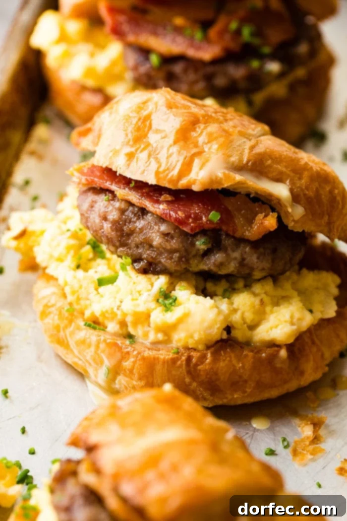 A beautifully composed breakfast sandwich on a flaky croissant, filled with fluffy scrambled eggs, savory sausage, and crisp bacon, elegantly garnished with finely chopped chives.