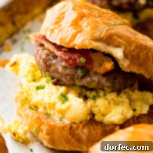 A delicious Breakfast Croissant Sandwich with flaky pastry, crispy bacon, fluffy eggs, and melty cheese.