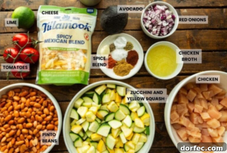 All the fresh ingredients for a Mexican chicken skillet laid out in separate small bowls, showcasing the vibrant colors of chicken, beans, zucchini, and spices.