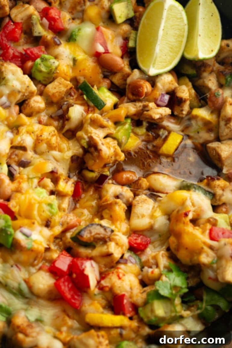 A close-up of golden-brown chicken pieces sautéed with zucchini and yellow squash, lavishly topped with melted cheese, creamy avocado slices, and vibrant diced tomatoes.