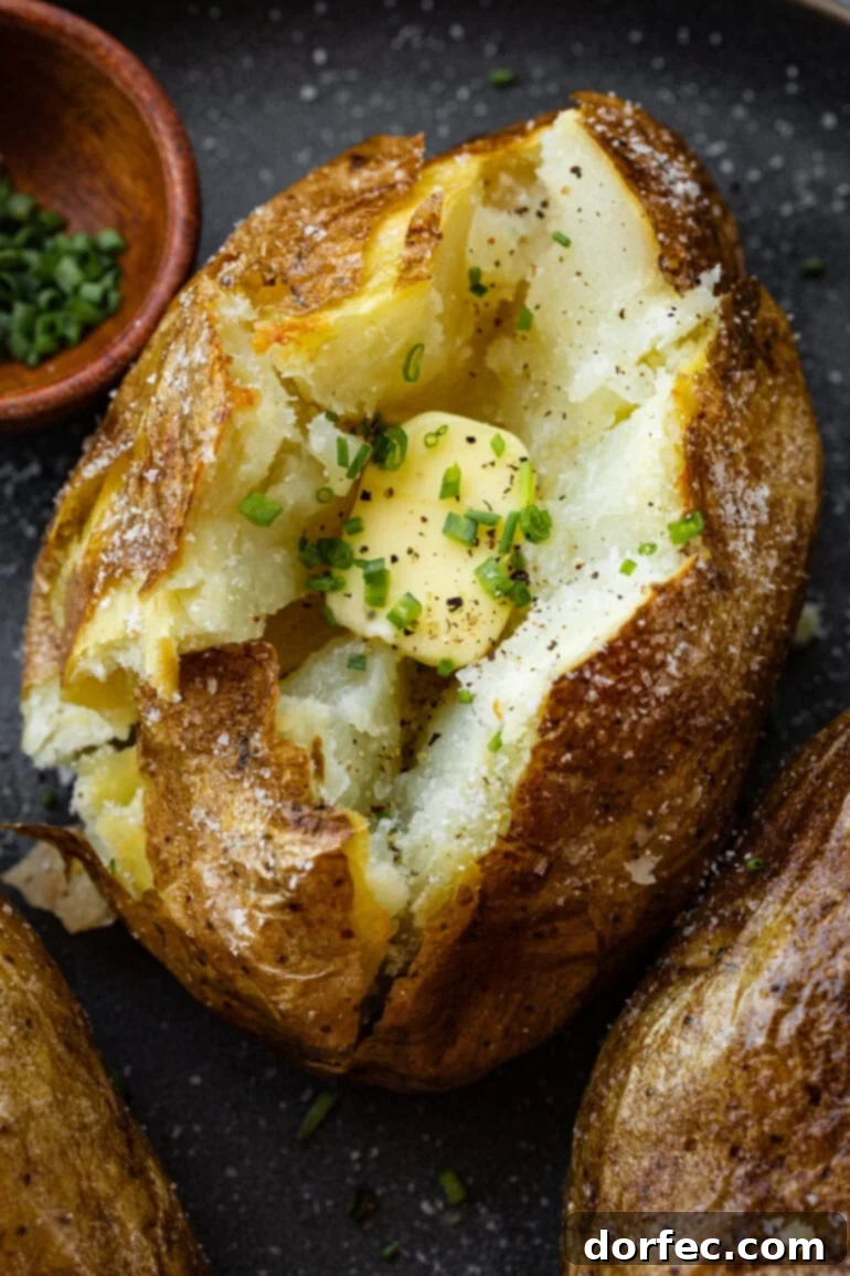 Perfectly Crispy Air Fryer Baked Potatoes 2 Air fry baked potatoes sliced open to reveal its fluffy, steaming center. A melting pat of butter and a sprinkle of fresh chives nestle inside the split potato. Crispy on the outside, fluffy on the inside—these air fryer baked potatoes are the real deal! Done in under an hour, with minimal effort. #AirFryerRecipe #BakedPotatoes #EasyDinners