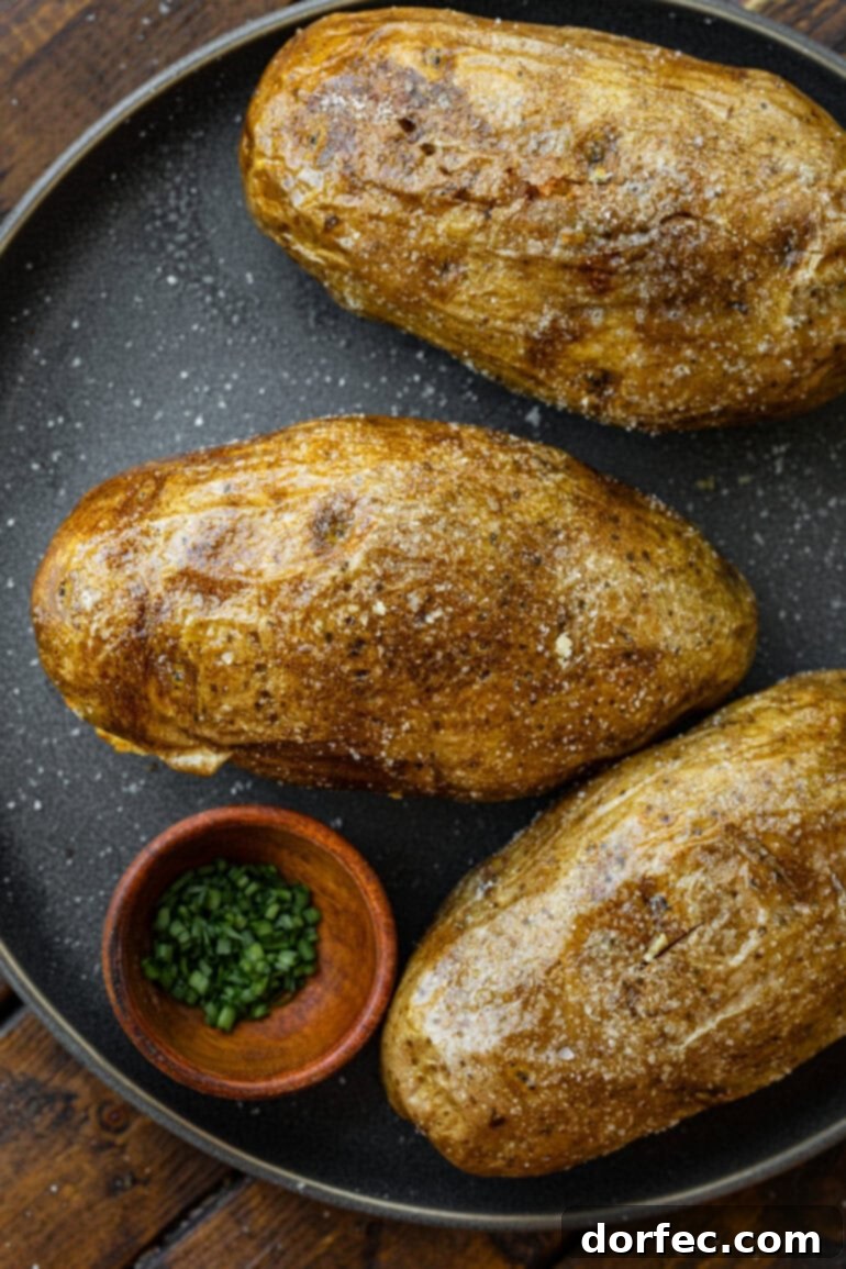 Perfectly Crispy Air Fryer Baked Potatoes 5 crispy root vegetables with salted skin and chives. The secret to perfect baked potatoes? The air fryer. Golden skin, fluffy center, and no oven required! #CrispyBakedPotato #WeeknightDinner #AirFryerLove