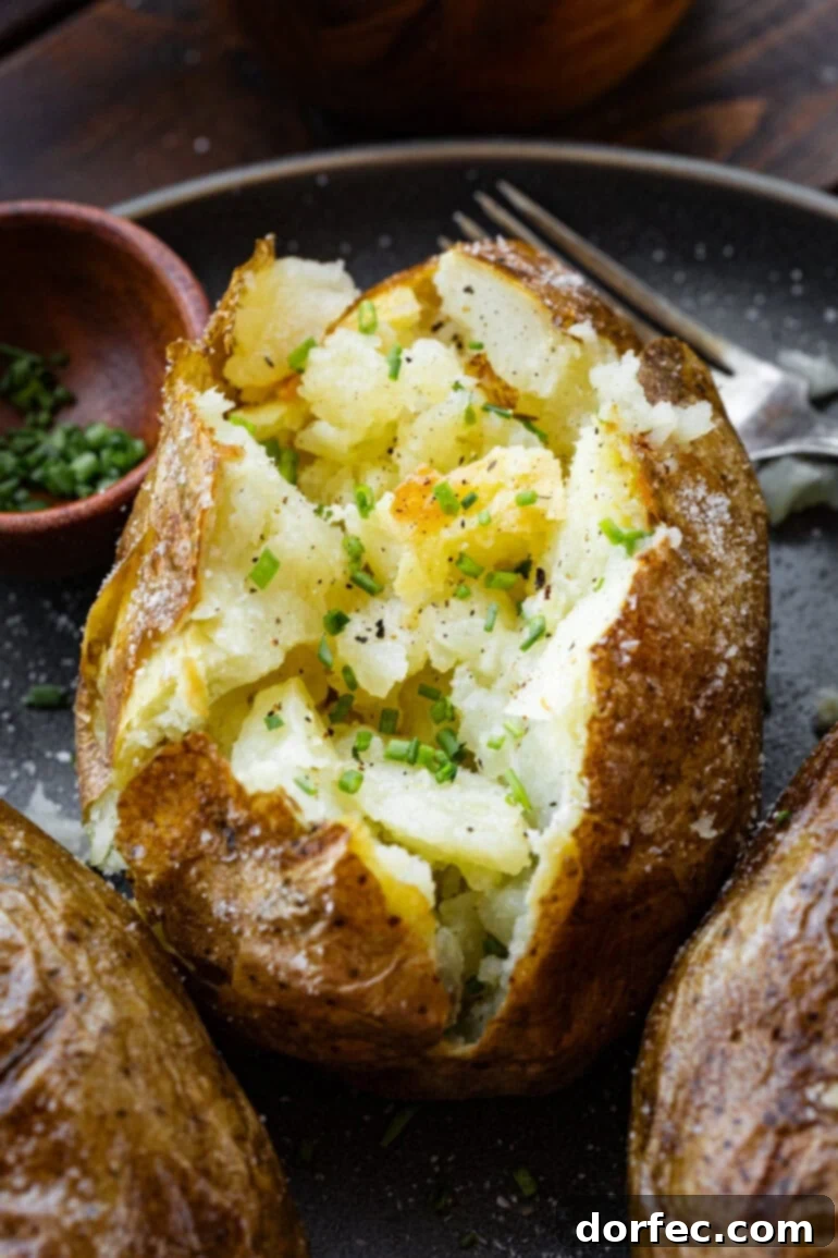 Perfectly Crispy Air Fryer Baked Potatoes 6 Three air fry baked potatoes sit side by side, one sliced open to reveal its fluffy, steaming center. A melting pat of butter and a sprinkle of fresh chives nestle inside the split potato. No foil, no fuss! These air fryer baked potatoes are perfectly crisped and ready for all your favorite toppings. #BakedPotatoBar #EasySides #AirFryerMagic