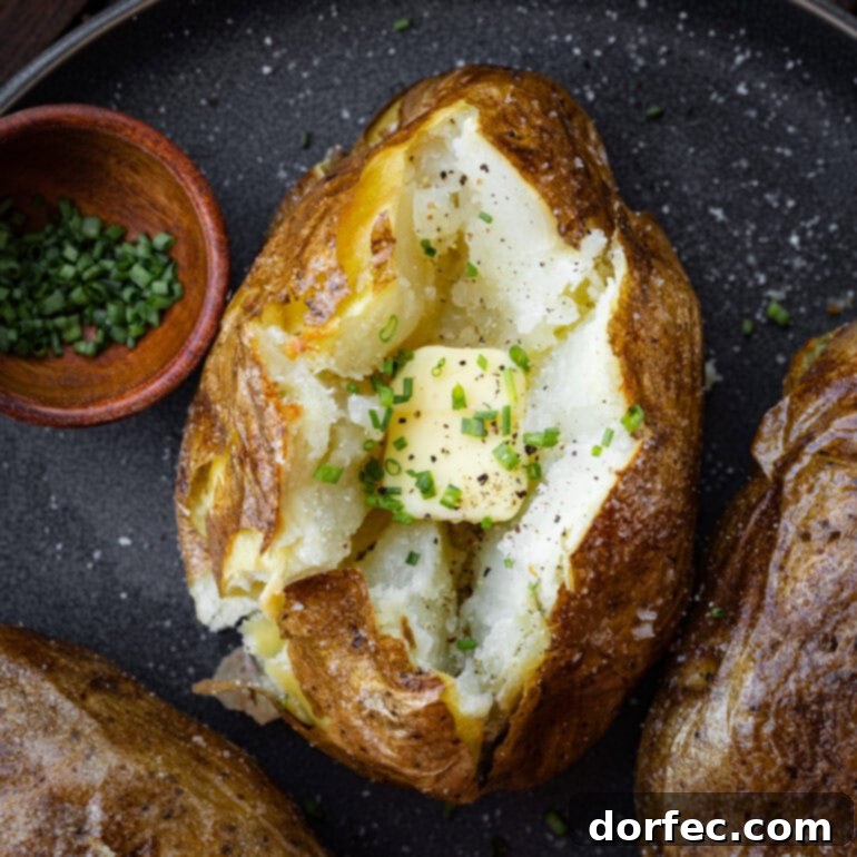 Perfectly Crispy Air Fryer Baked Potatoes 7 Three air fry baked potatoes sit side by side, one sliced open to reveal its fluffy, steaming center. A melting pat of butter and a sprinkle of fresh chives nestle inside the split potato. Crispy salted skin + melty butter inside = baked potato heaven. This air fryer recipe is your new go-to! #BakedPotatoLove #AirFryerMeals #PotatoPerfection