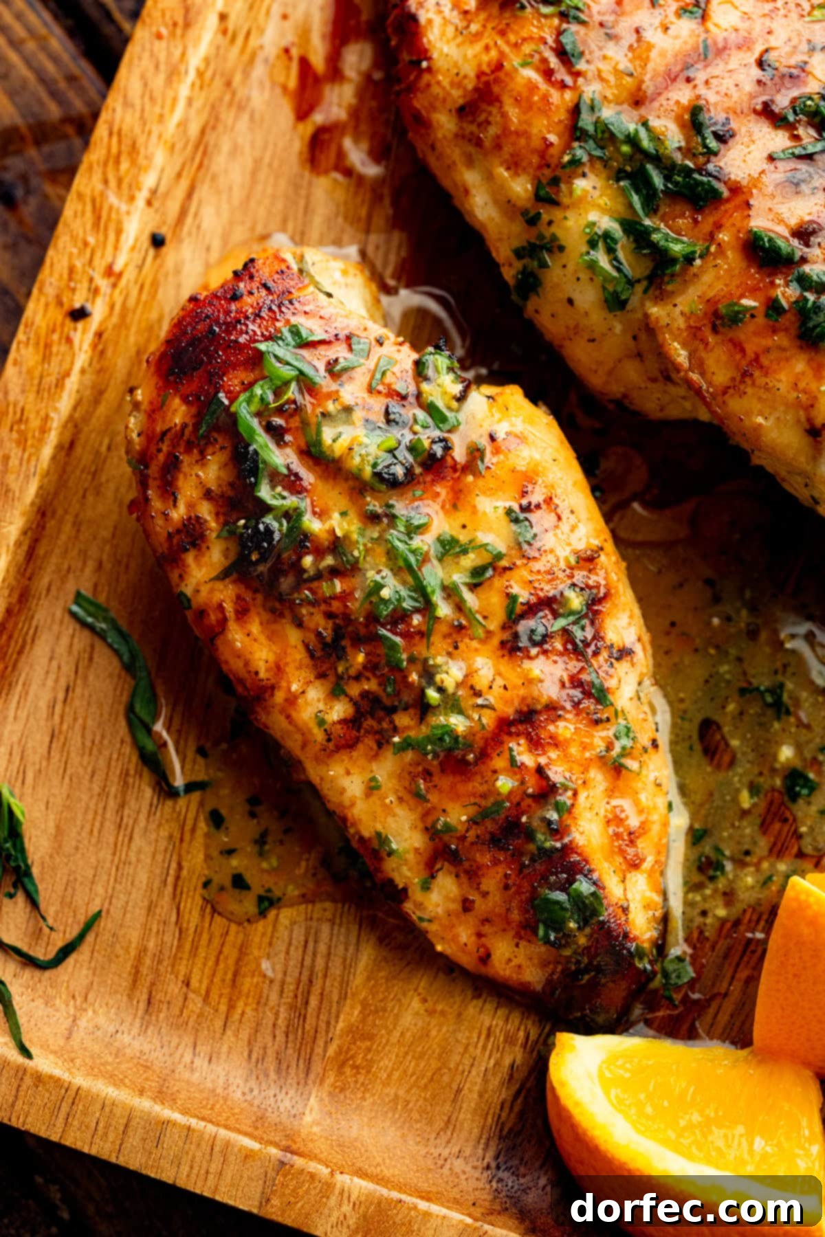 Perfectly grilled chicken breast resting beside a sliced half, glistening with citrus marinade and garnished with fresh herbs, ready to be served.