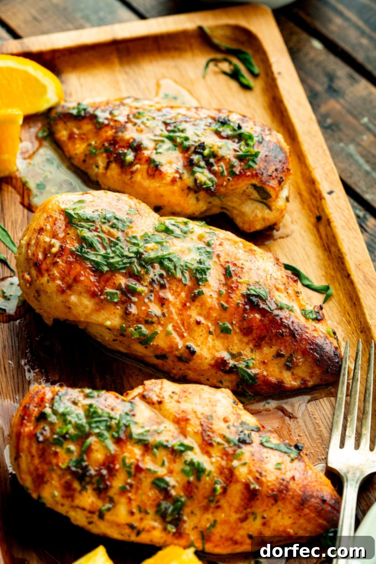Grilled chicken breasts arranged on a rustic wooden tray with fresh orange wedges and herbs, showcasing a perfect char and glistening citrus marinade.
