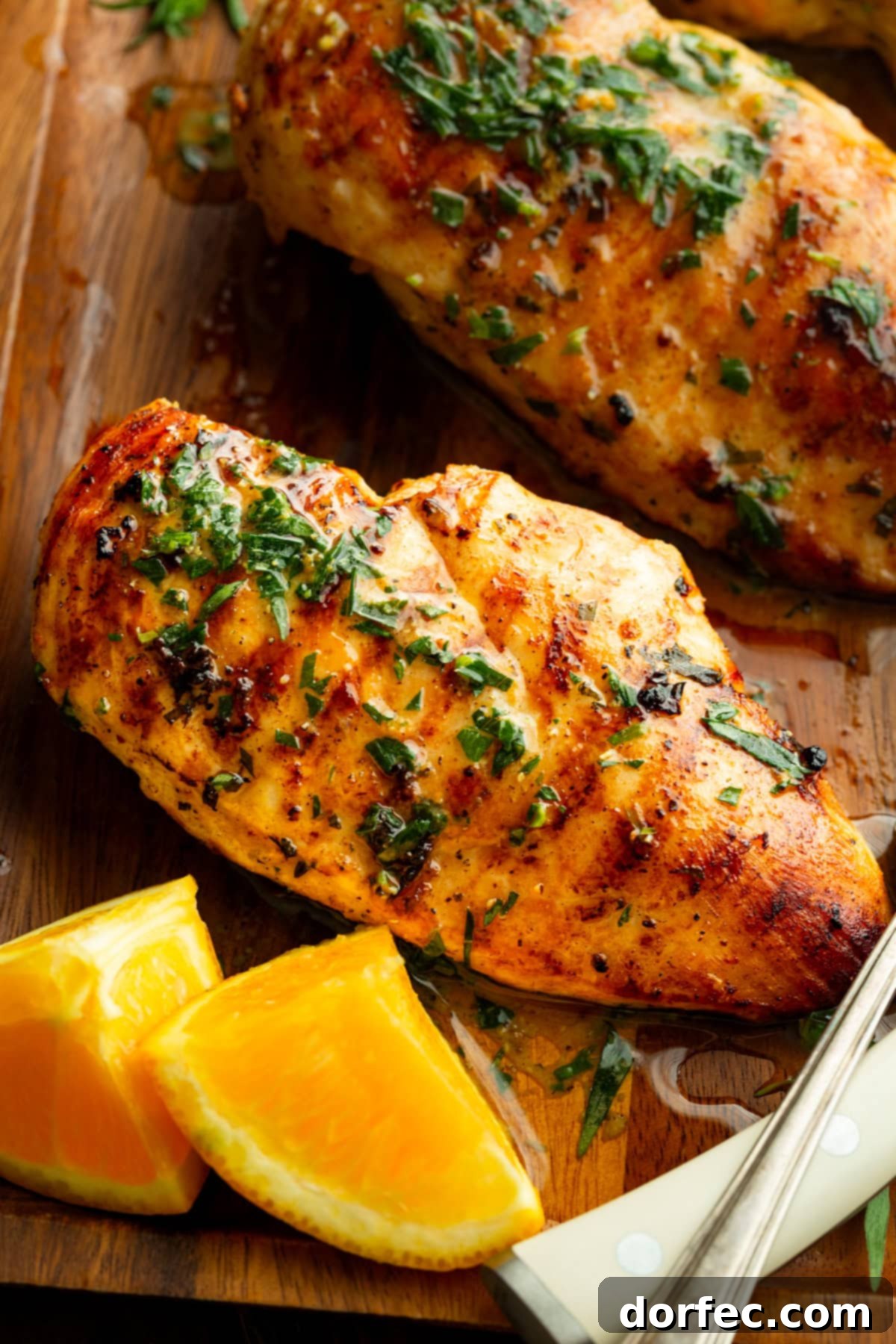 A collection of multiple grilled chicken breasts, adorned with orange wedges and fresh herbs, arranged artfully on a wooden tray, reflecting the vibrant citrus marinade.