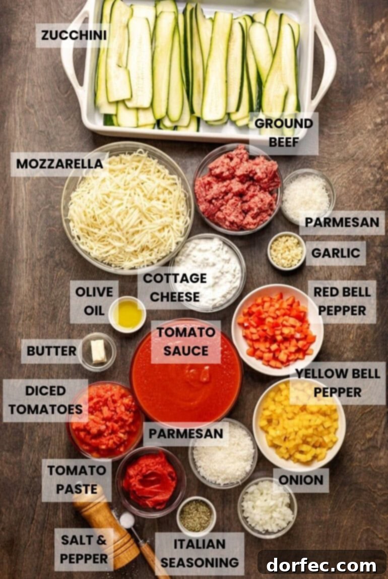 all the ingredients for zucchini lasagna in small separate bowls