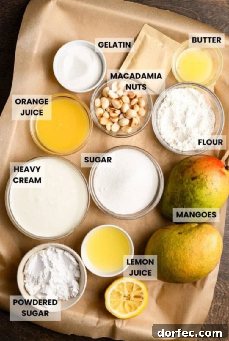 all the ingredients for frozen mango dessert with macadamia nut crust sitting on a piece of brown parchment paper