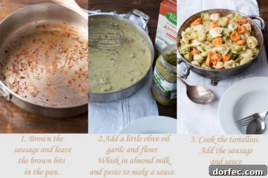 Easy Low-Calorie Tortellini Recipe Ingredients for creamy pesto tortellini laid out on a kitchen counter.
