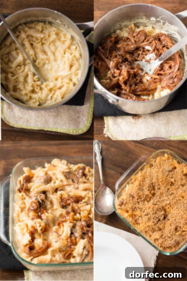 Sweet Pork Macaroni and Cheese in a baking dish, ready for the oven