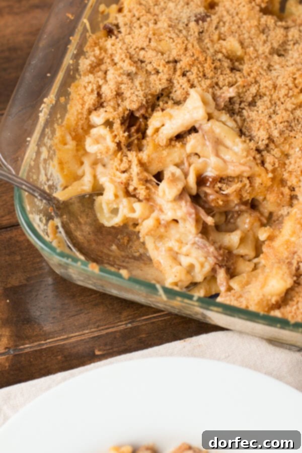A warm, bubbling Sweet Pork Macaroni and Cheese, fresh from the oven