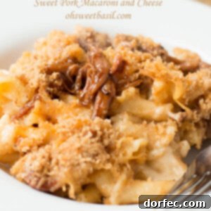 Sweet Pork Macaroni and Cheese with golden, crispy topping