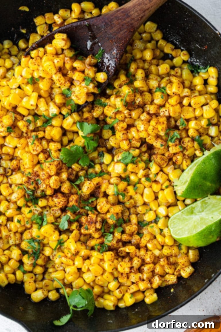 Quick Honey Lime Skillet Corn 5 A close-up of golden corn kernels sizzling in a cast iron skillet with melted butter foaming around the edges, ready for seasoning.