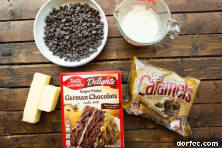 Simple Homemade Caramel Brownies 3 Ingredients for an easy dessert. Cake mix, buttery sweet candies, butter, chocolate chips, and cream!