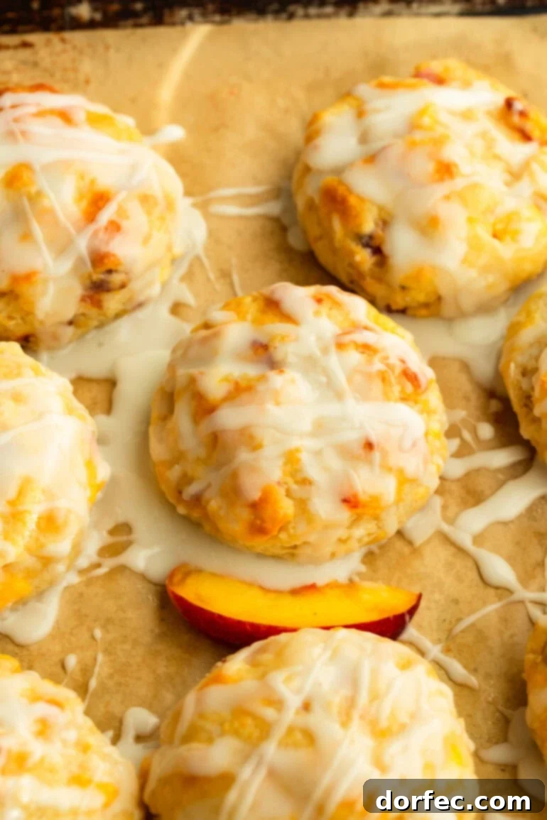 several biscuits on parchment paper with a drizzle of glaze and peach slices on the side.