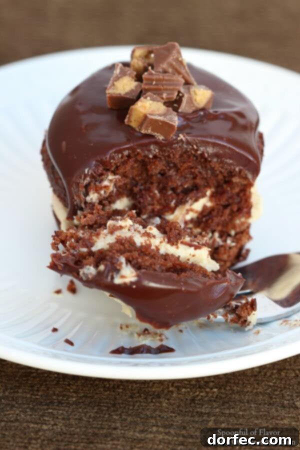 Chocolate Peanut Butter Cupcakes - are you drooling yet? Reese's peanut butter cups, chocolate ganache A stack of Chocolate Peanut Butter Cupcakes, beautifully decorated and ready to be enjoyed.