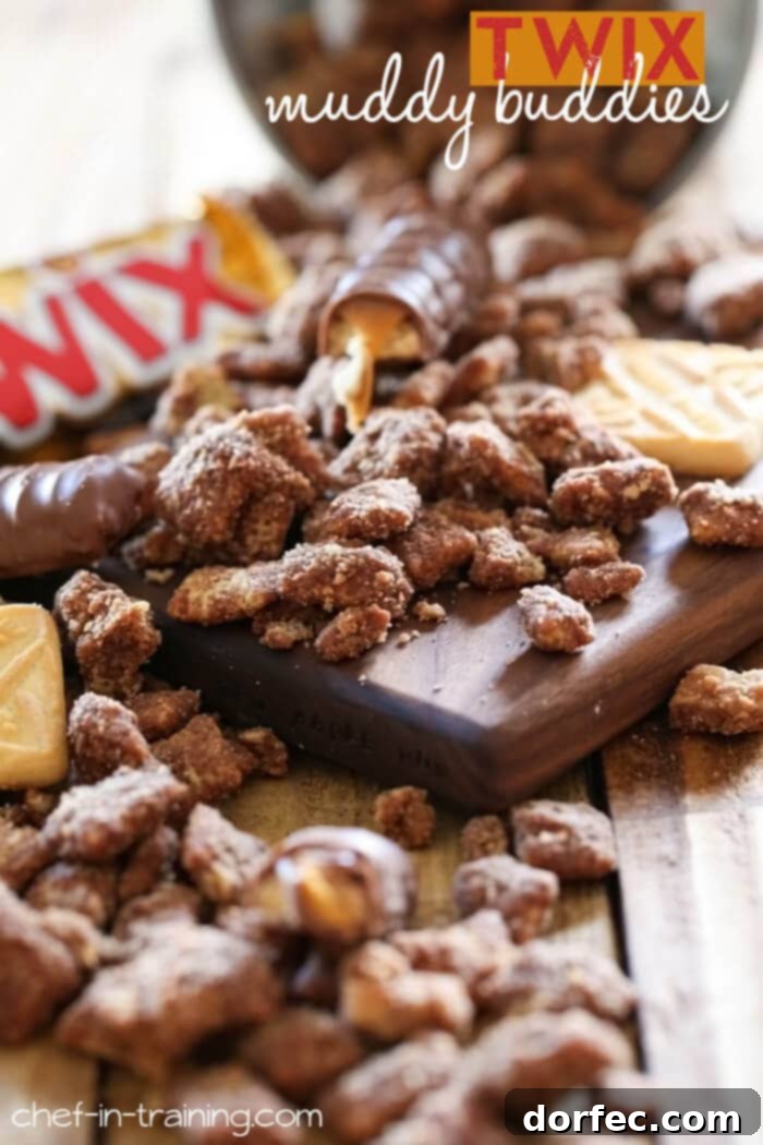 Sweet & Salty Churro Twists 8 Twix Muddy Buddies Recipe, a fun and chocolatey snack mix inspired by Twix candy bars