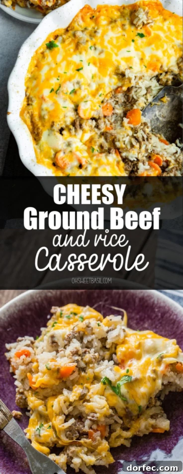 Hearty Cheesy Beef and Rice Bake 10 a photo of a white circular ceramic baking dish full of cheesy ground beef and rice caserrole.