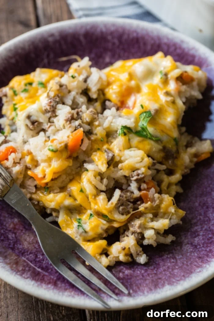 Hearty Cheesy Beef and Rice Bake 3 a purple plate with a fork with a wood handle next to a ground beef and rice casserole full of bits of bright orange carrots and melted colby jack cheese all over the top.