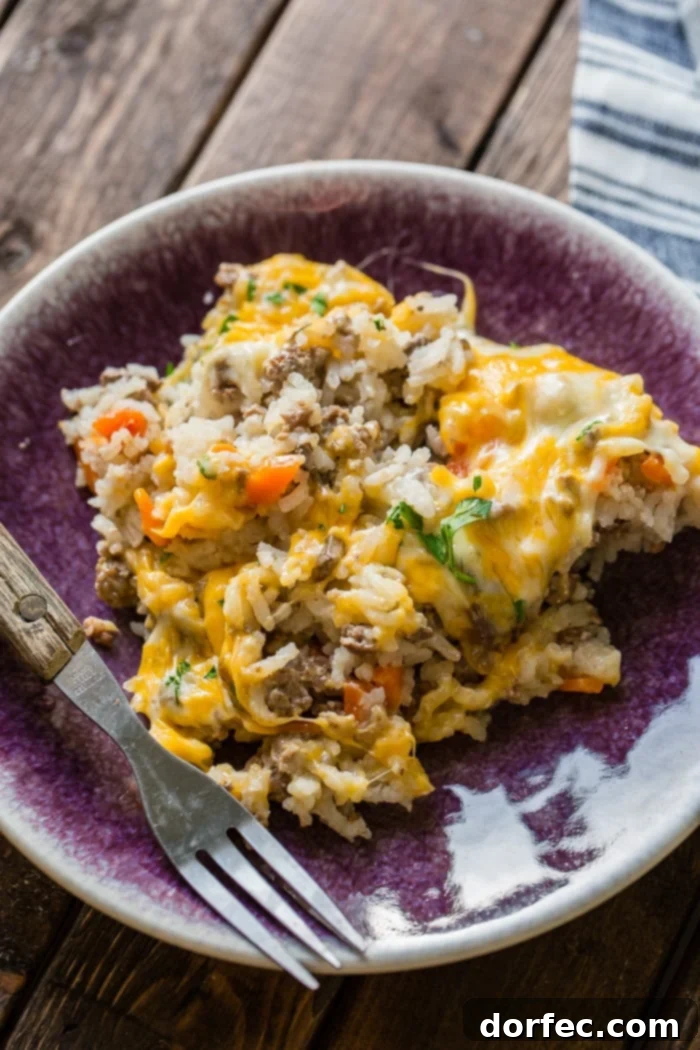Hearty Cheesy Beef and Rice Bake 6 A dark purple plate with a wooden handled fork sitting next to a scoop of cheesy ground beef and rice casserole with carrots and a little parsley chopped up as garnish on top.