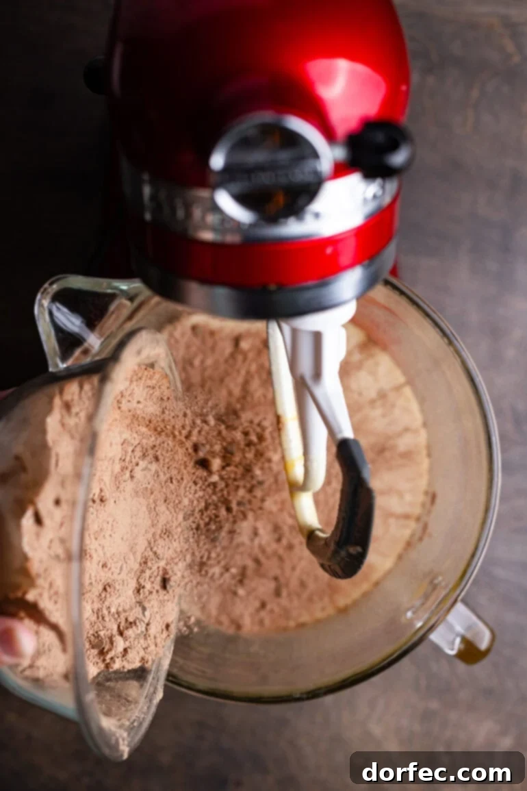Combining wet and dry ingredients for brownie batter.