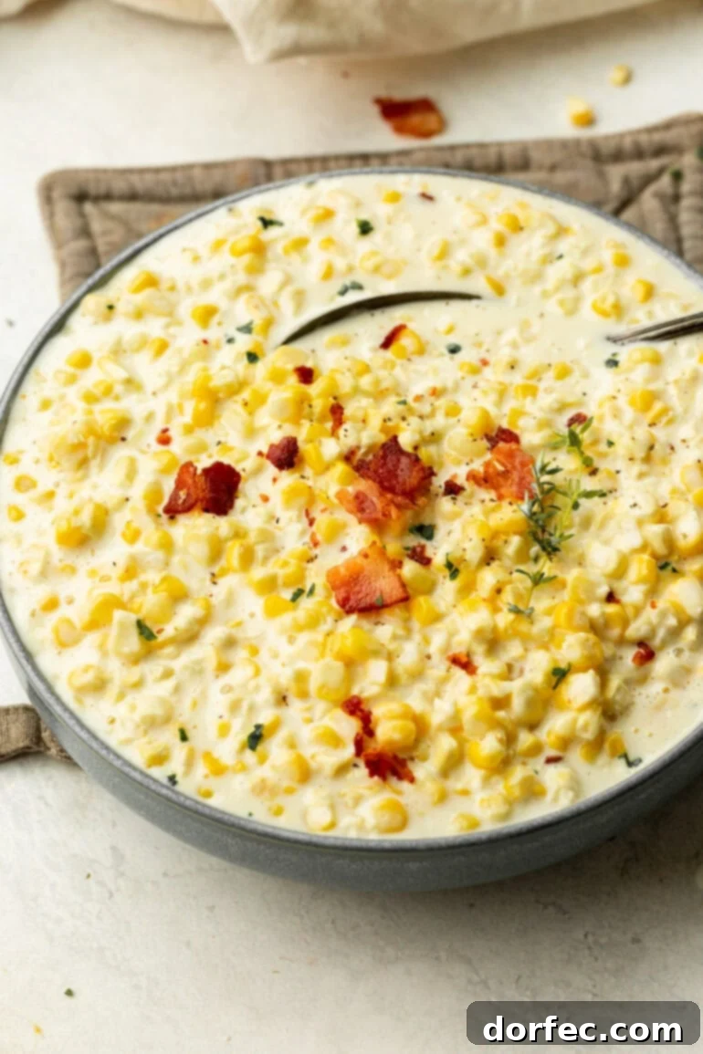 The best creamed corn recipe, incredibly creamy and flavorful for any meal. ohsweetbasil.com Golden, rich creamed corn in a large bowl, garnished with crispy bacon and fresh chopped herbs, ready to be served.