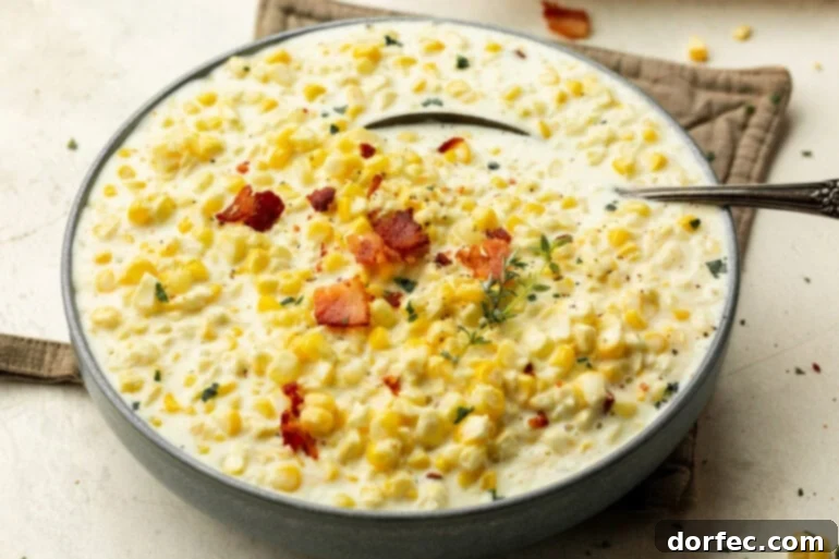 Delicious creamy corn, a perfect side dish for any occasion. ohsweetbasil.com A close-up of a bowl of smooth, creamy corn, beautifully topped with crumbled bacon and vibrant green herbs, highlighting its rich texture.