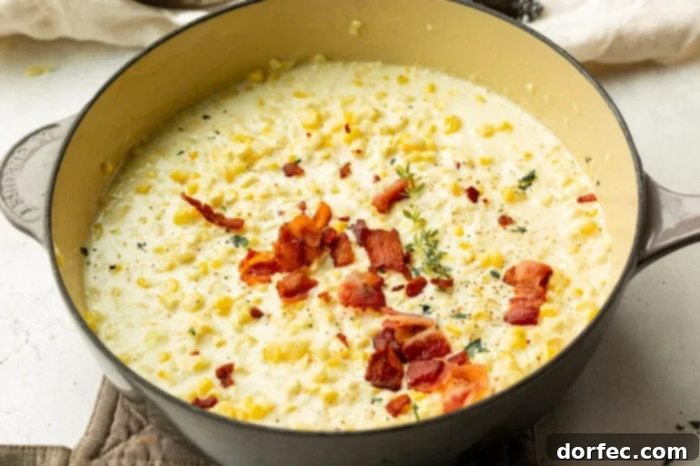 An easy and delicious homemade creamed corn recipe, perfect for any meal. ohsweetbasil.com A pan of creamy, golden creamed corn, generously topped with crispy bacon and fresh green herbs, ready to be served.