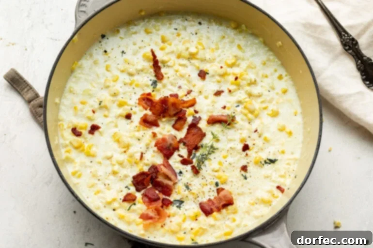 Velvety Creamed Corn Made Simple 3 Overhead view of warm, creamy corn, perfectly topped with crispy bacon and a sprinkle of fresh green herbs, inviting you to dig in.