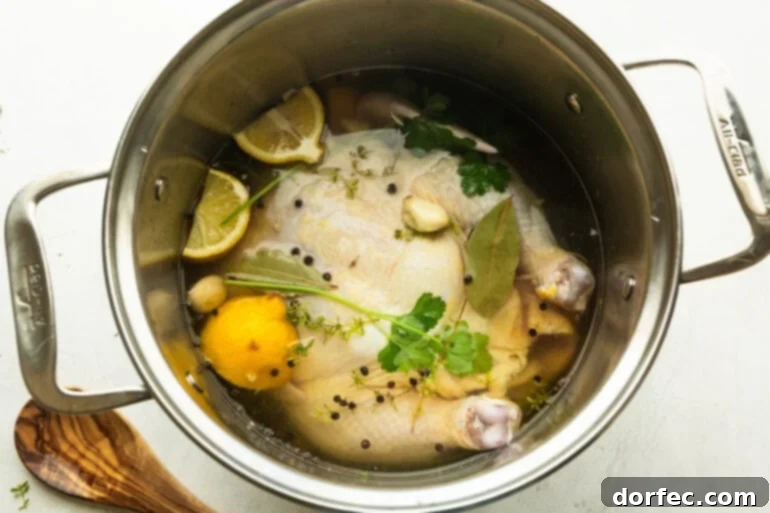One Pan Garlic Butter Chicken and Potatoes 4 A large stock pot with an uncooked whole chicken submerged in a brining liquid, with halved lemons, fresh herbs, and peppercorns floating on top.