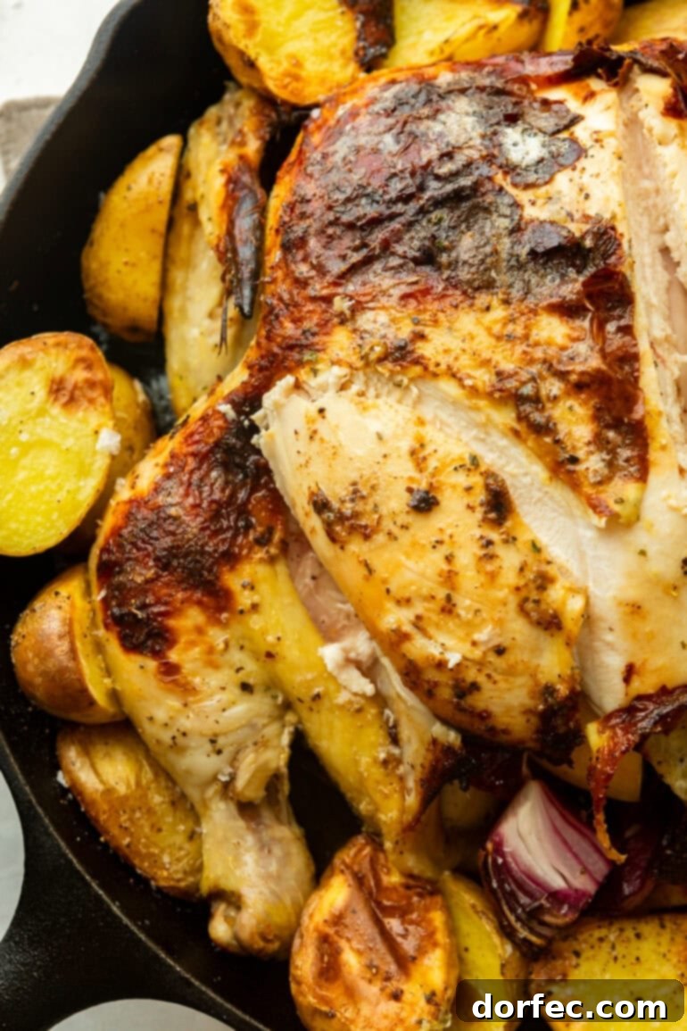 One Pan Garlic Butter Chicken and Potatoes 6 A whole roasted chicken with a slice of the breast meat cut off, showing the incredibly juicy and tender interior.