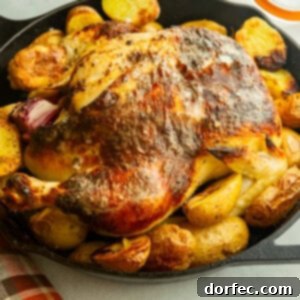 a large cast iron skillet with a roasted whole chicken in it surrounded by golden roasted potatoes