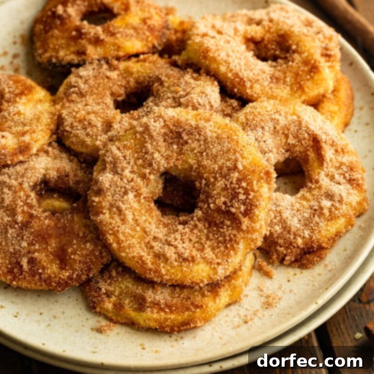 Several air-fried apple rings coated in golden batter and cinnamon sugar, a fun fall dessert