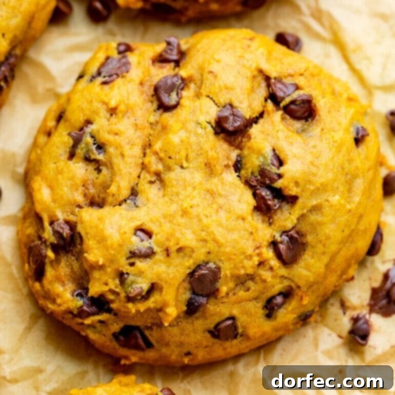 Thick pumpkin cookies studded with melted chocolate chips, a perfect fall treat