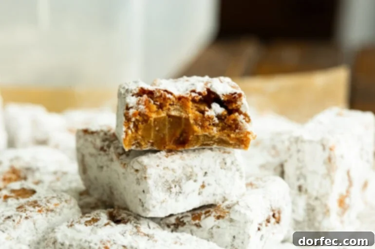 A delectable stack of Chubby Hubby Peanut Butter Bars coated in a dusting of powdered sugar. The top bar is broken, revealing the chewy, fudgy peanut butter and graham cracker interior.