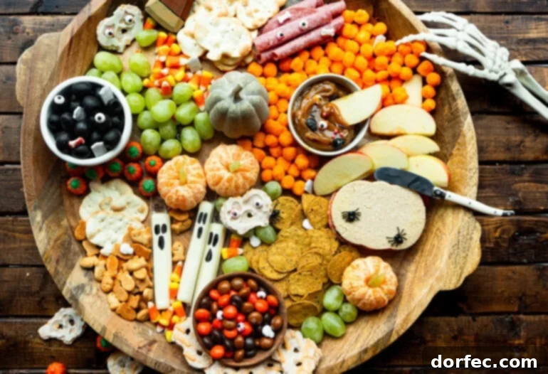 A large circular wooden charcuterie board overflowing with an assortment of Halloween-themed snacks, including ghost-shaped cheese, candy corn, green grapes, and various Halloween candies.