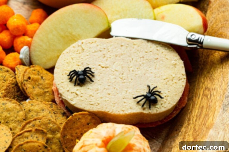 A chunk of pumpkin spice cheese sitting on a board with other Halloween snacks and fake plastic spiders crawling on it.
