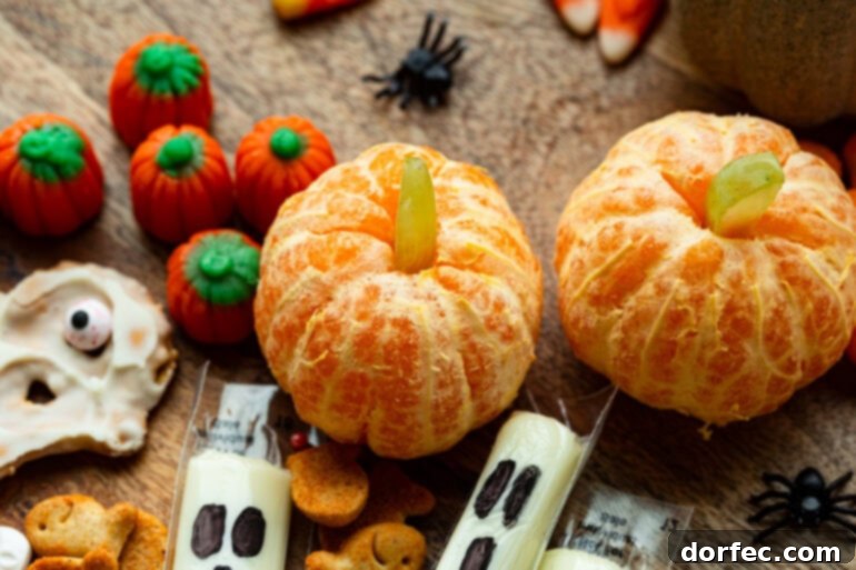 Several Halloween-themed snacks scattered on a table, including mandarin pumpkins, ghost cheese sticks, and candy pumpkins.