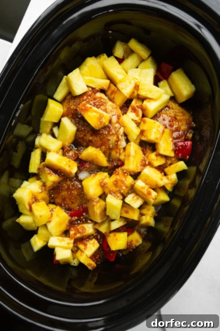 Golden-brown chicken thighs nestled in a rich cooking sauce, generously topped with sweet pineapple chunks, vibrant red bell pepper, and thinly sliced purple onion, ready to be slow-cooked.
