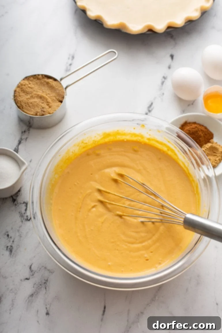 A glass bowl brimming with rich, homemade pumpkin pie filling, artfully surrounded by all the individual ingredients required for its preparation.