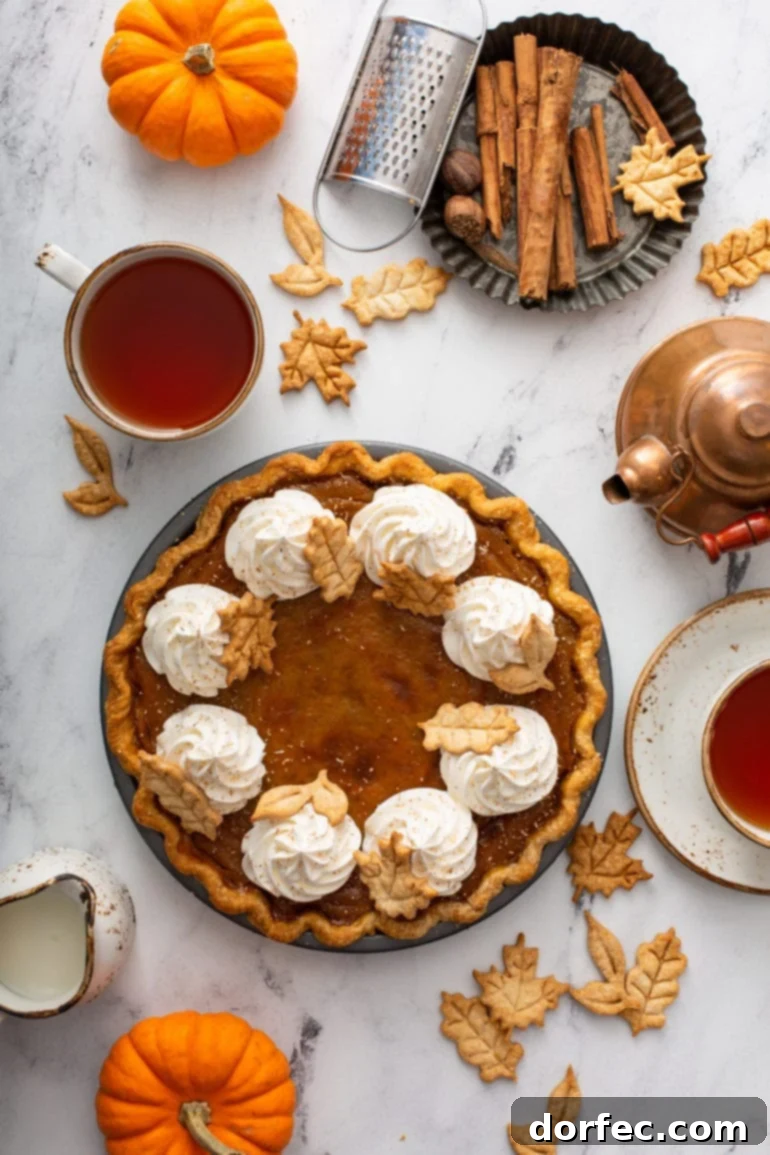 A delightful top-down view of a classic pumpkin pie, adorned with elegant piped whipped cream and whimsical stamped pie crust leaves.