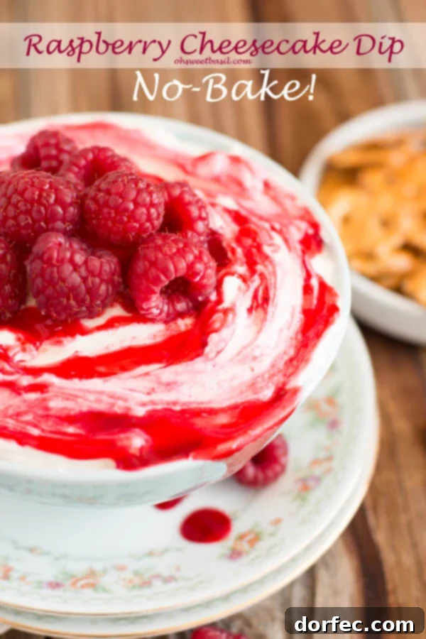 Delicious No Bake Raspberry Cheesecake Dip with Fresh Raspberries and Pretzel Crisps