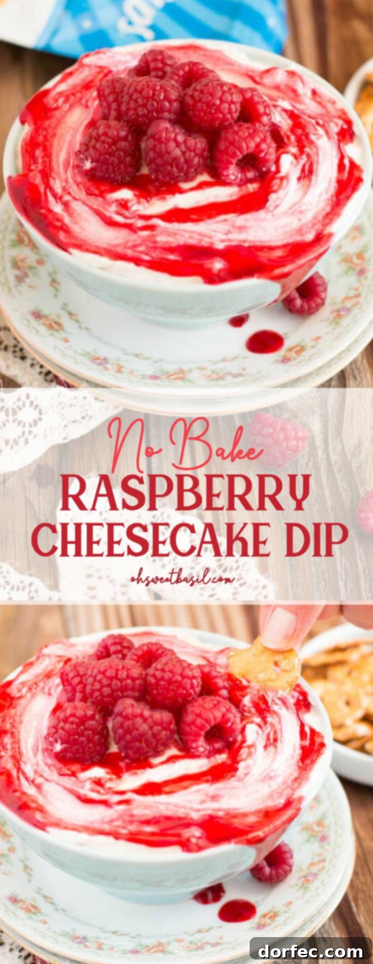 A bowl of Raspberry Cheesecake Dip with cream cheese, marshmallow, raspberry jam and mini pretzel crisps for dipping